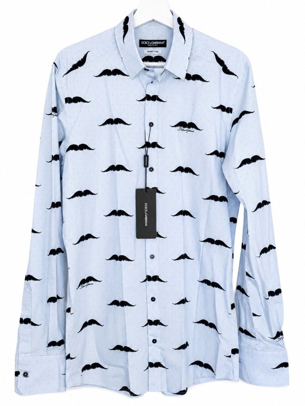 Dolce & Gabbana MARTINI Light Blue Mustache Print Cotton Dress Shirt IT 40 US M